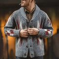 Men's lapel cardigan in dark grey, thick polyester jacket with long sleeves