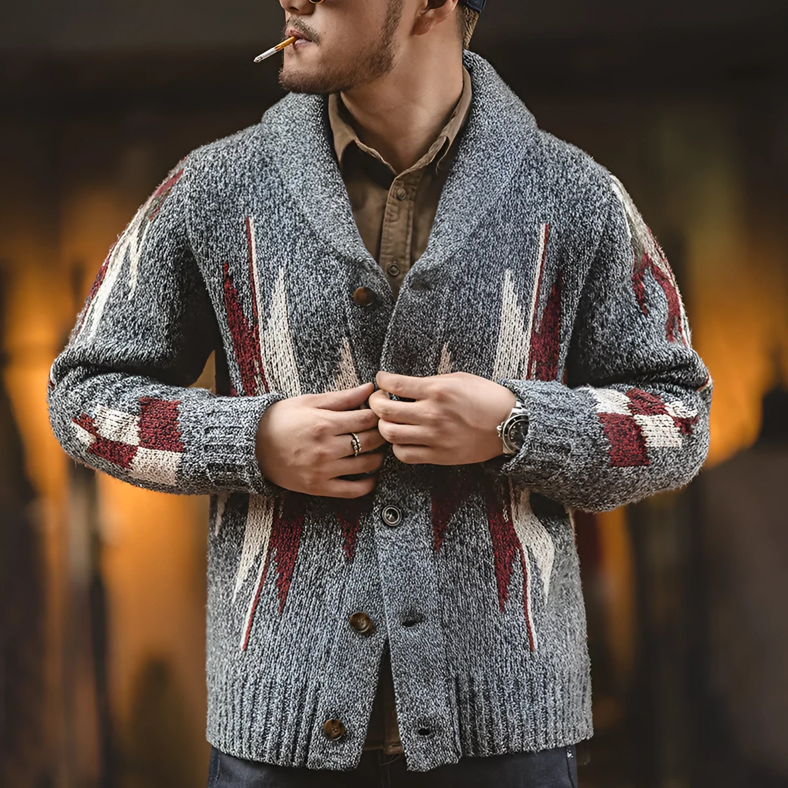 Men's lapel cardigan in dark grey, thick polyester jacket with long sleeves