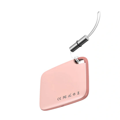 White Bluetooth mini anti-lost pager device, 37x25x6mm size, 5g weight with key attachment loop
