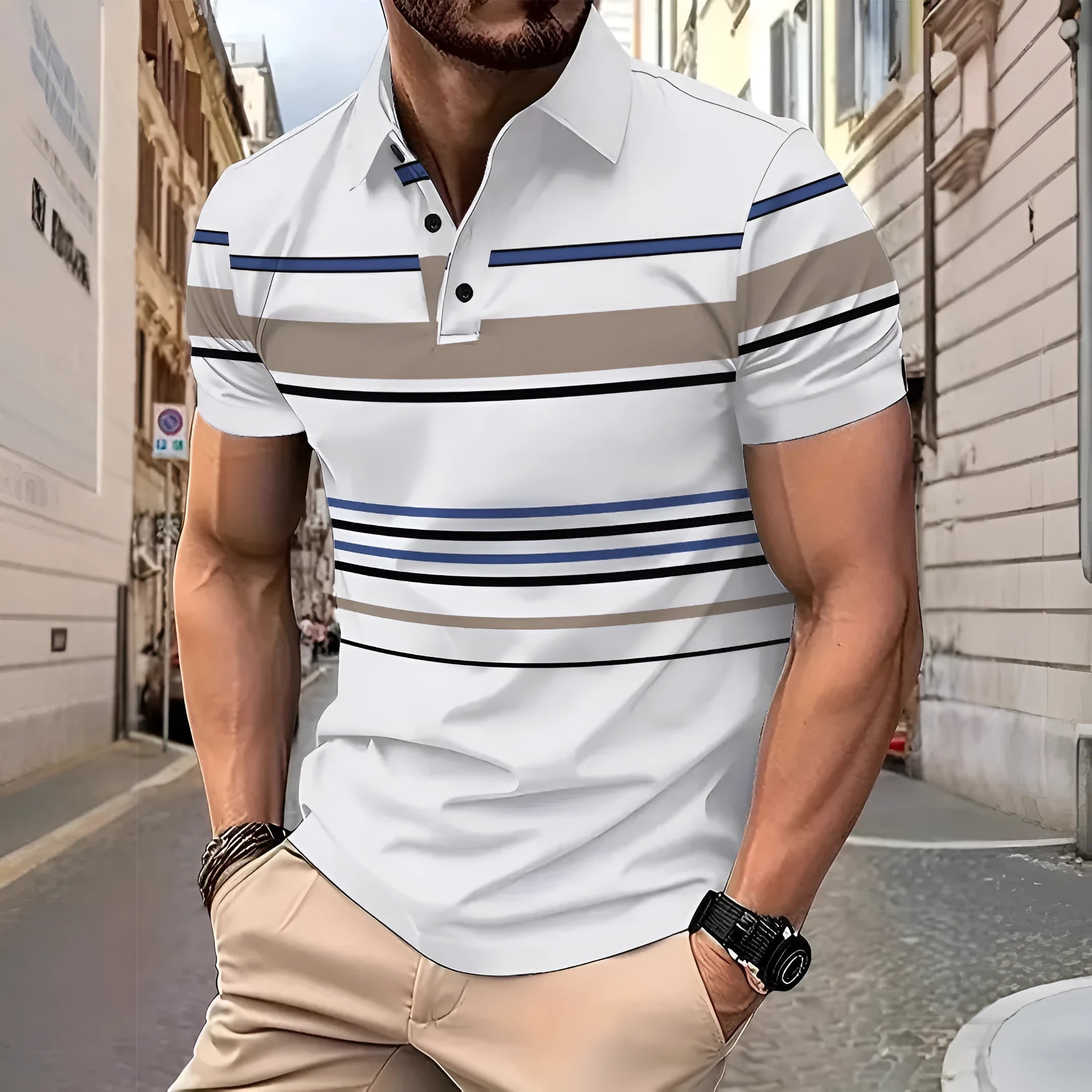 Men's white striped short sleeve t-shirt with slim fit for summer business casual wear