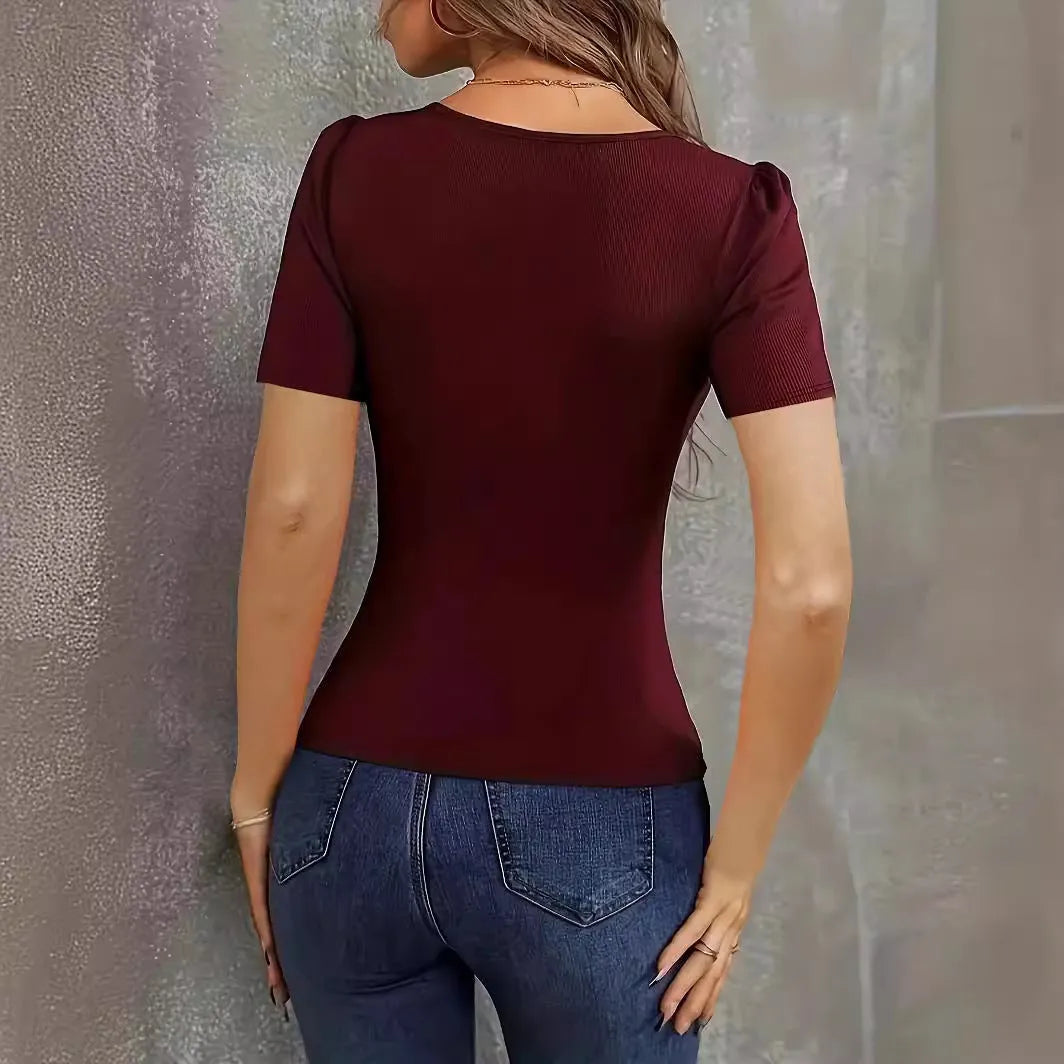 Women's wine red knitted short-sleeve slim fit top on a hanger