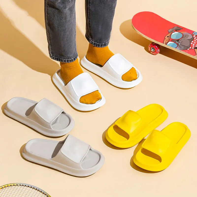 A pair of thick-soled EVA flip-flop slippers for men and women in a choice of seven colours.
