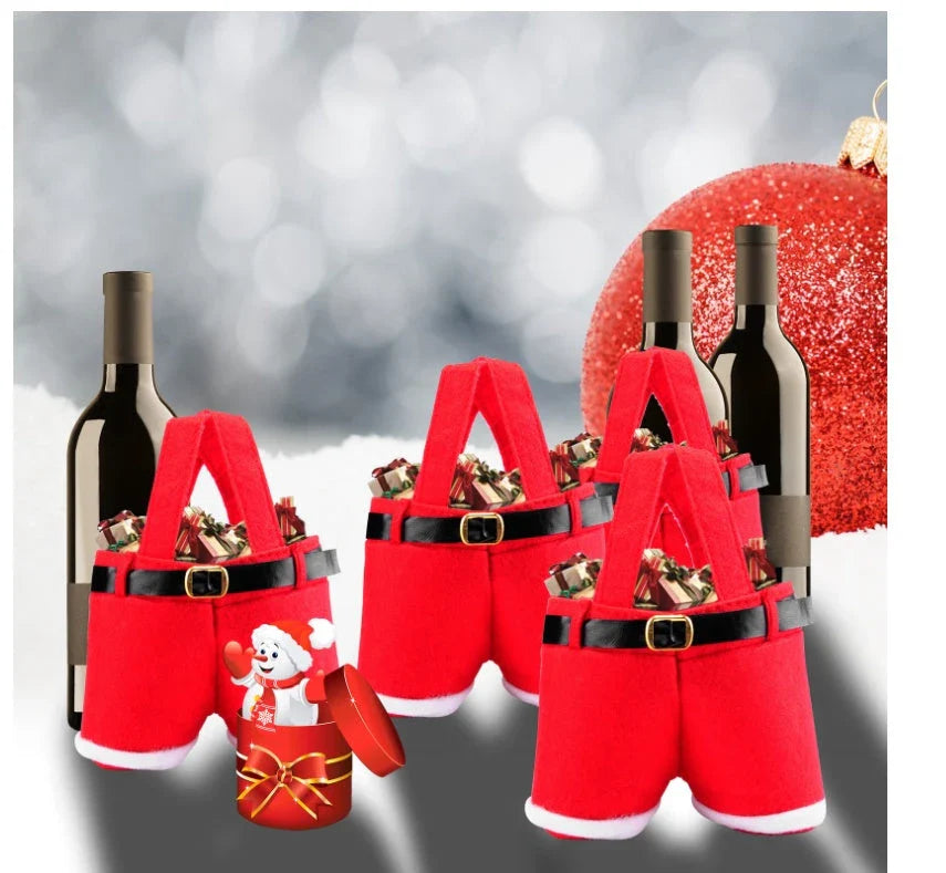 Festive wool Santa pants-style Christmas gift bag in red, perfect for holding holiday treats and small gifts