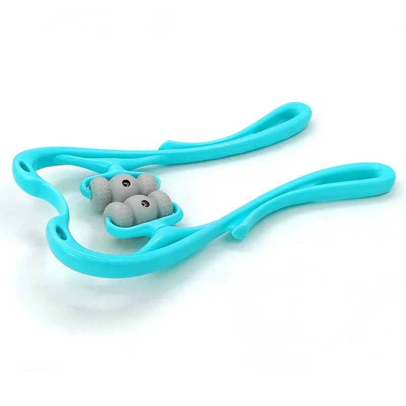 Blue handheld neck massager roller with 96 pressure point nodes on a white background.