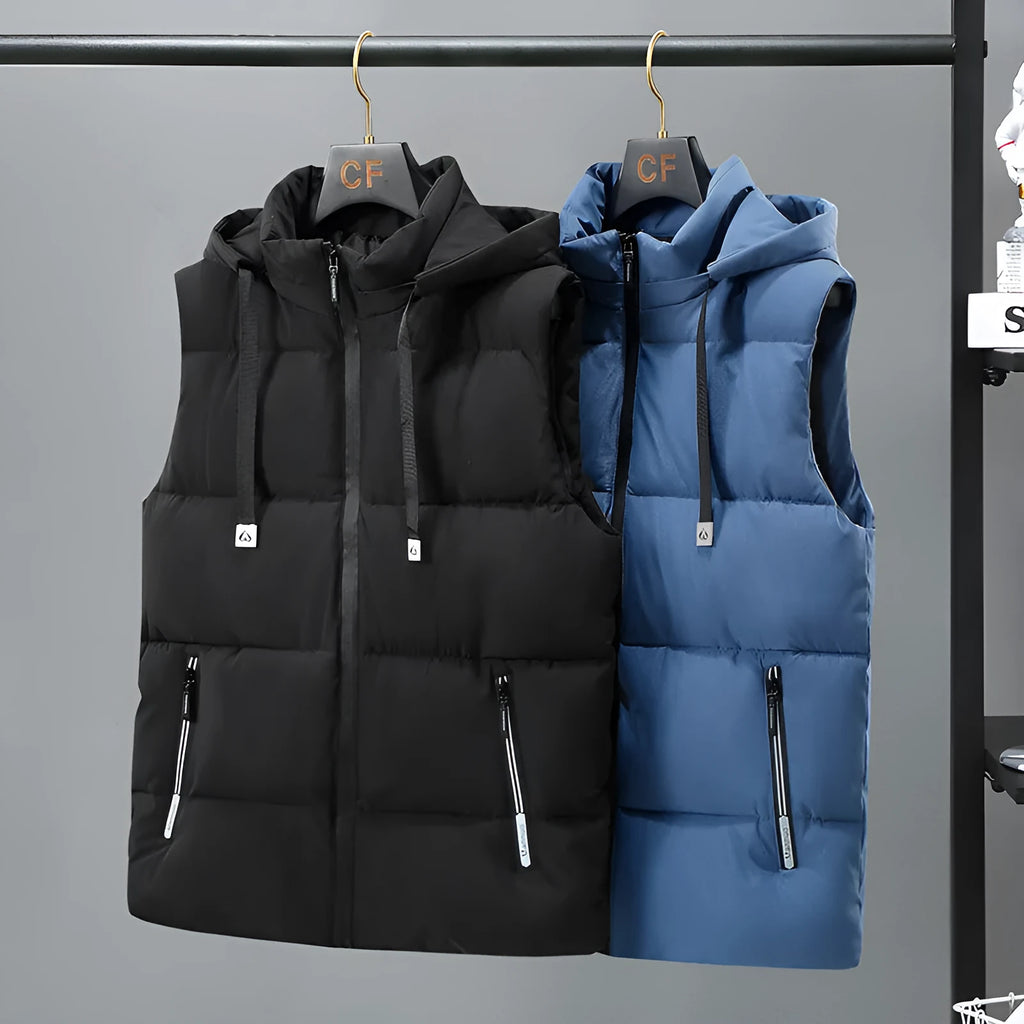 Men's thickened solid colour vest with a detachable hood, shown in blue.