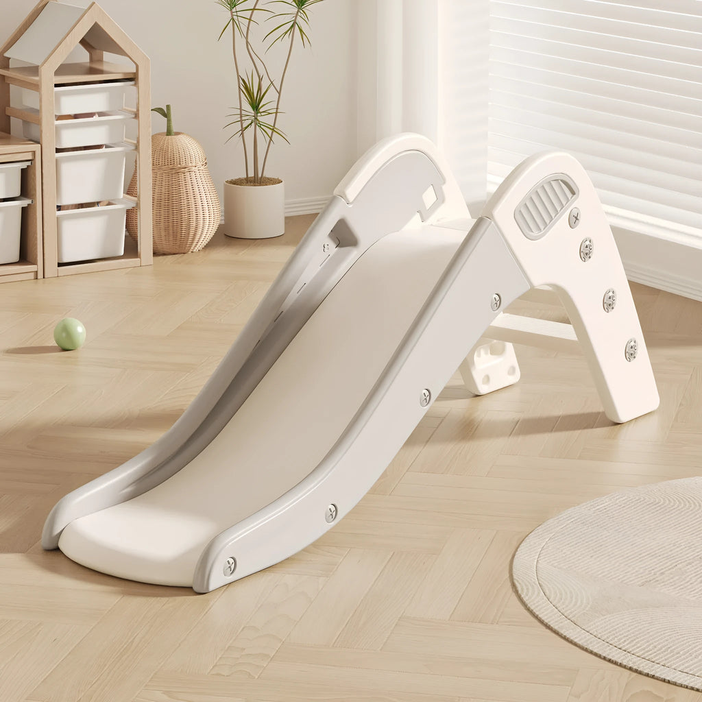 Small plastic baby slide for toddlers in blue, yellow, brown, or grey colour.
