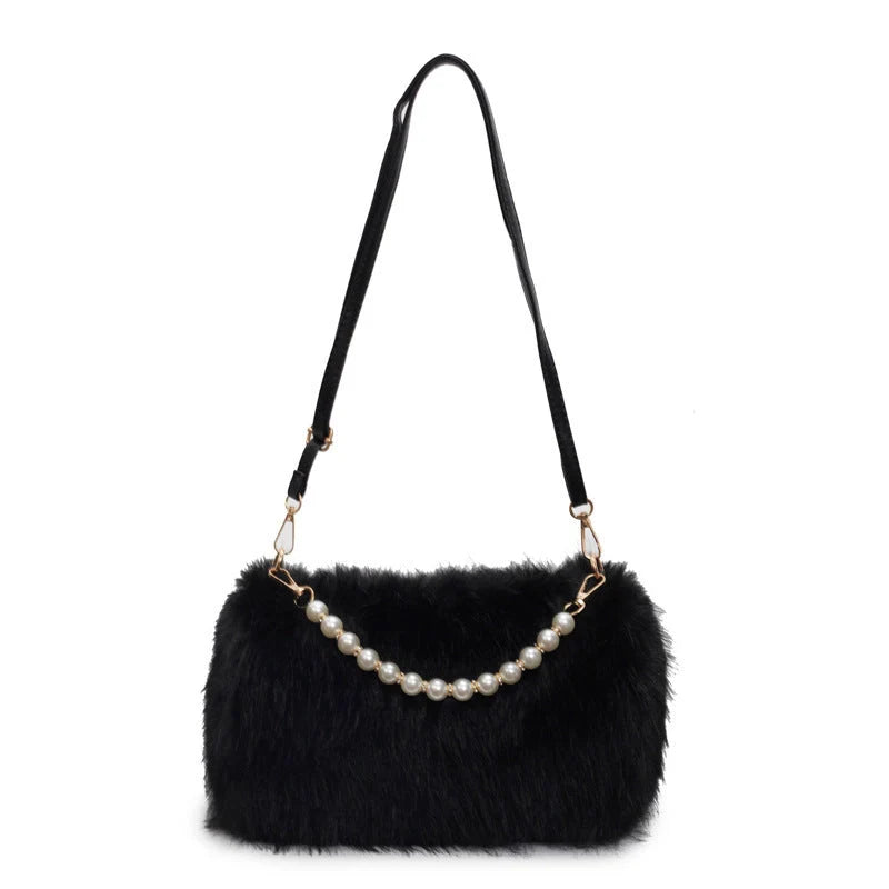 Autumn and winter pearl chain crossbody bag in plush material, available in multiple colours