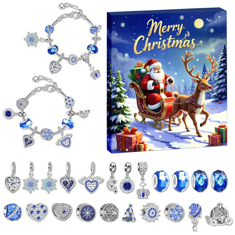 24 grid Christmas advent calendar countdown set with zinc alloy frame and bracelet blind box in blue colour