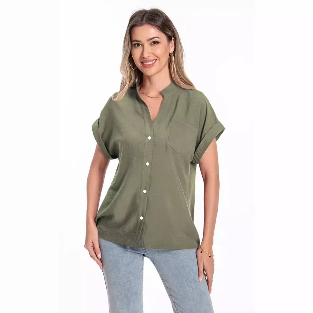 Women's loose summer top with stand collar and button front in polyester fabric with raglan sleeves