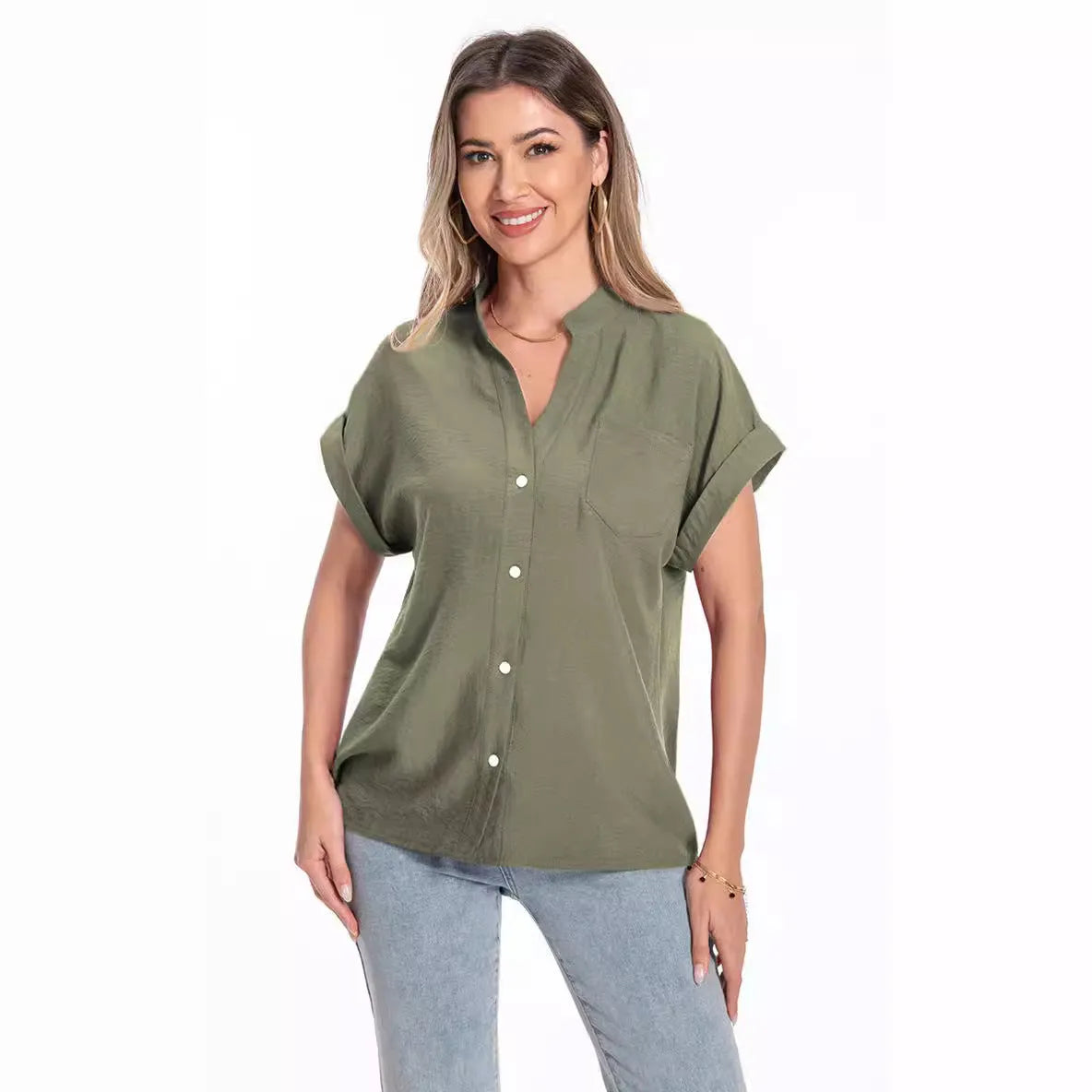 Women's loose summer top with stand collar and button front in polyester fabric with raglan sleeves