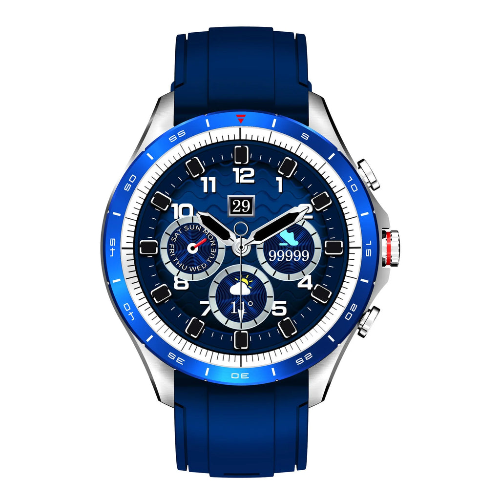 Men's black smart bracelet watch with silicone band and round touch screen display.
