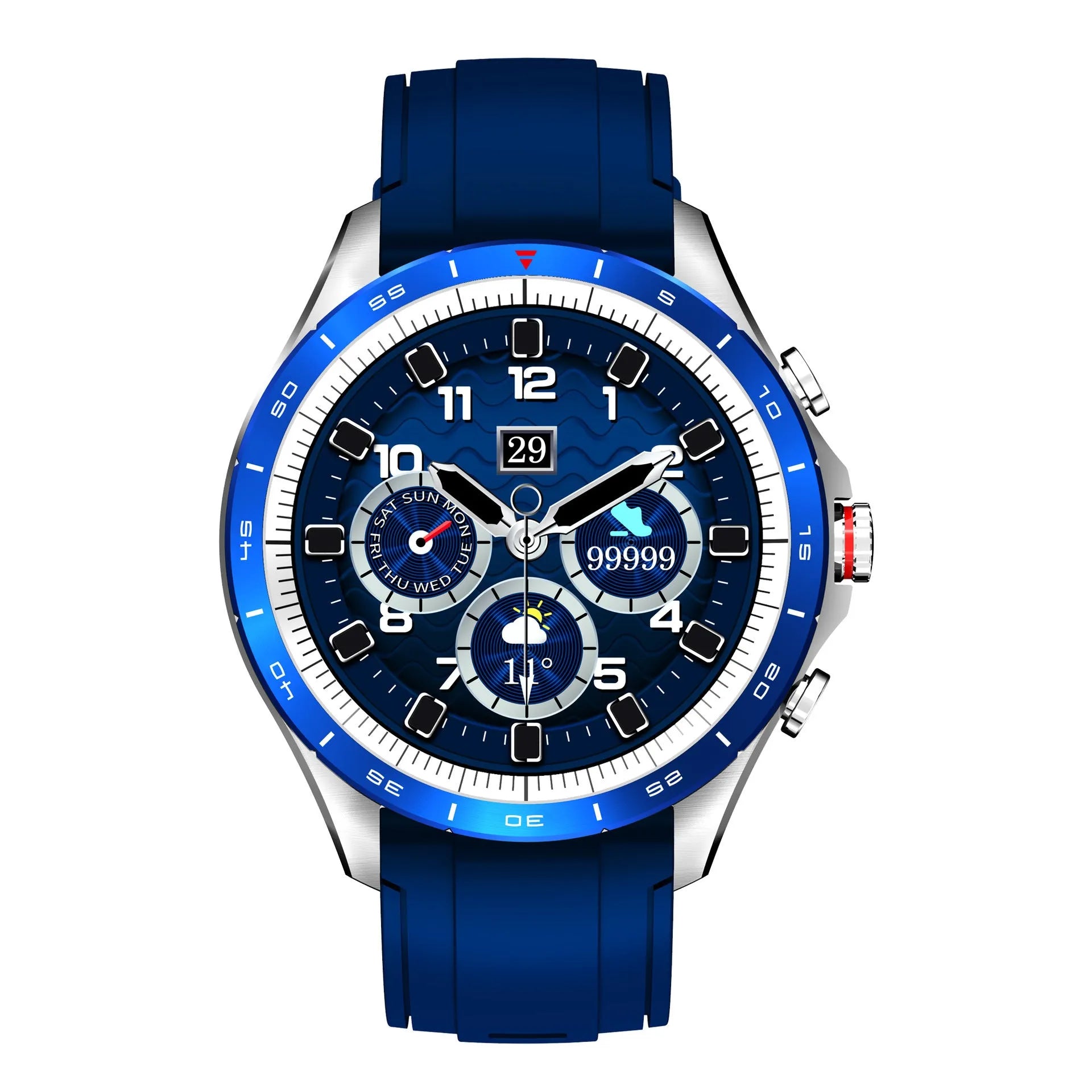 Men's black smart bracelet watch with silicone band and round touch screen display.