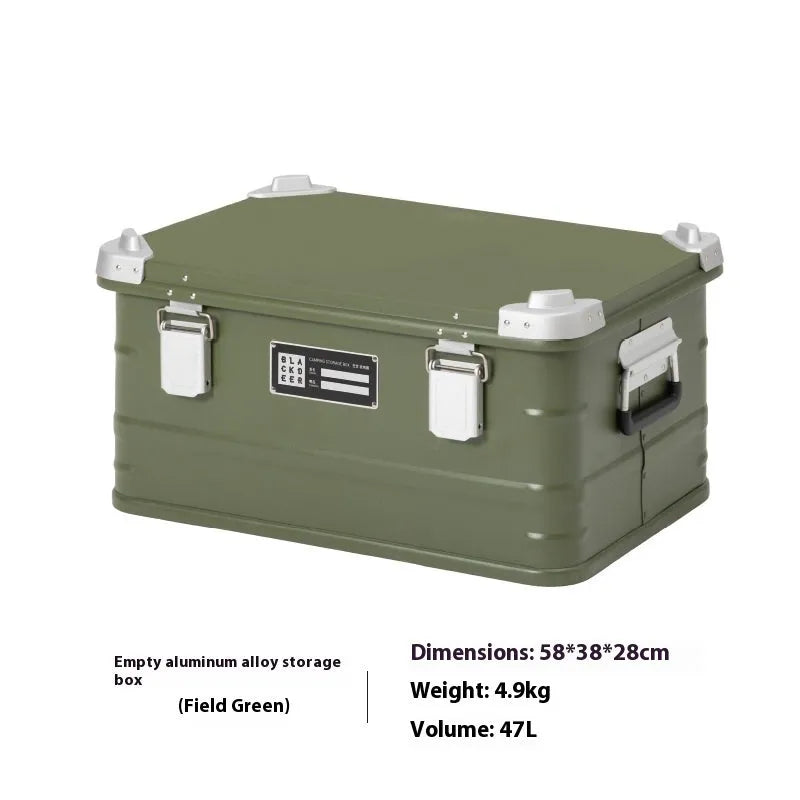 Field green aluminium alloy storage box for camping and vehicle use