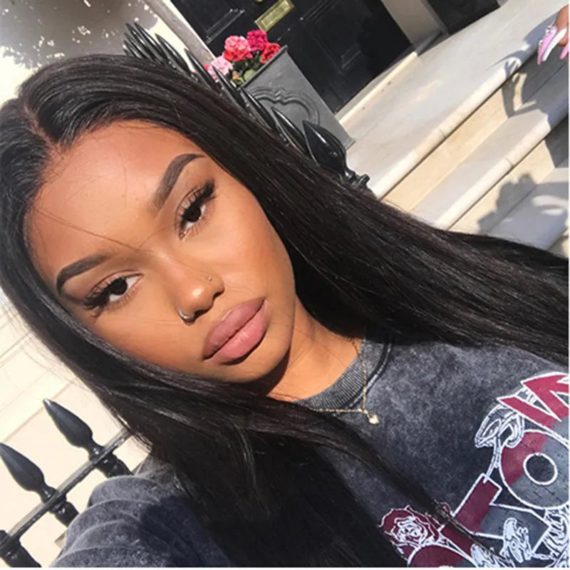 Long straight synthetic wig with centre-parted bangs in black high-temperature fibre material for women