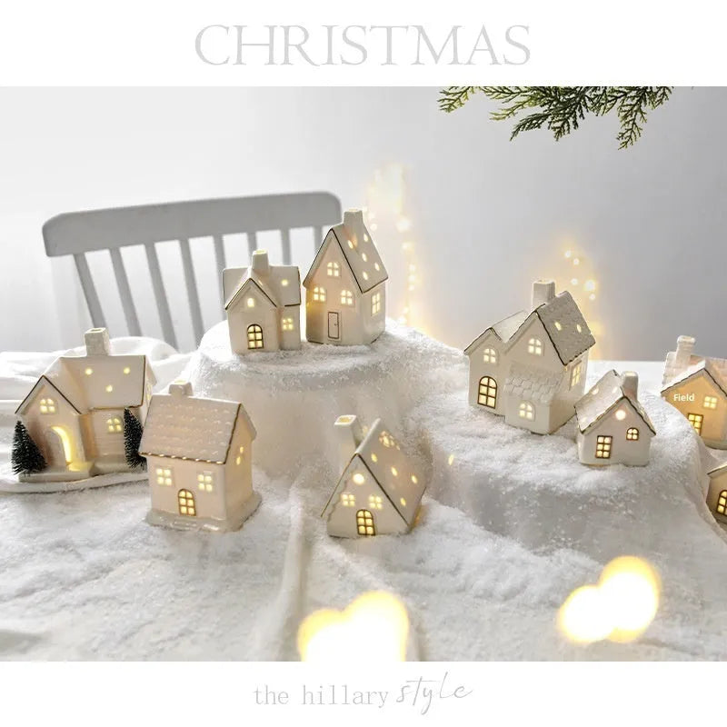 Creative ceramic Christmas tree house ornament in European villa style with open door design