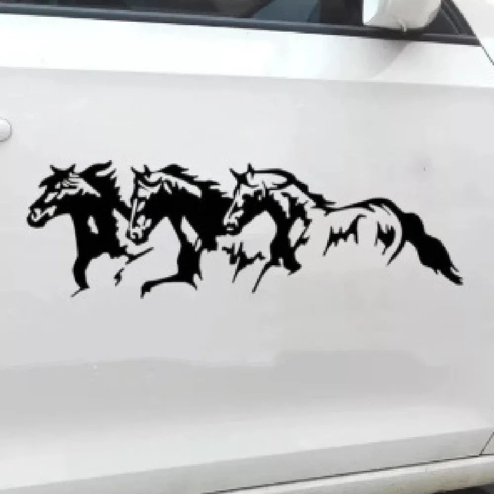 Three Horses design car sticker in black, white, red, and blue colour options, 25cm long.