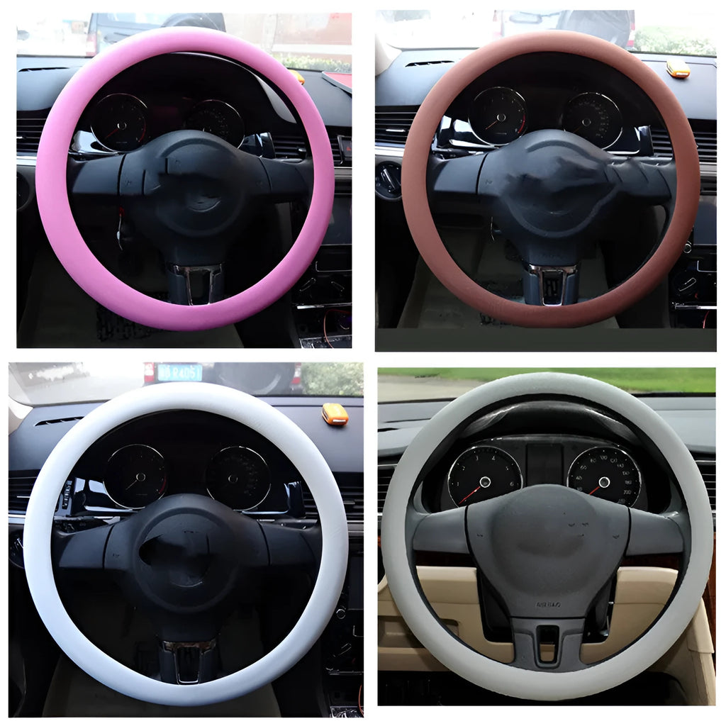 Anti-slip silicone steering wheel cover with imitation leather texture in black for small cars 32-40cm