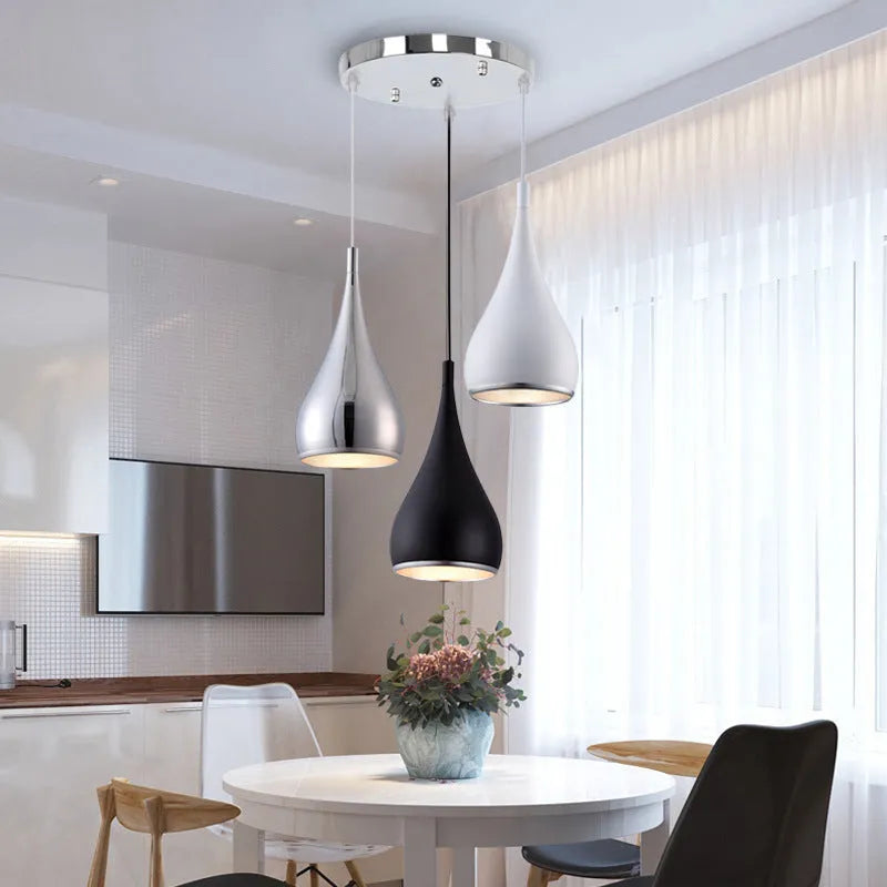 Iron minimalist chandelier in black, white, or chrome with single head or multi-head configurations