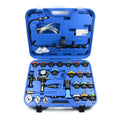 28-piece blue automotive cooling system tester kit with pressure testing and vacuum purge tools