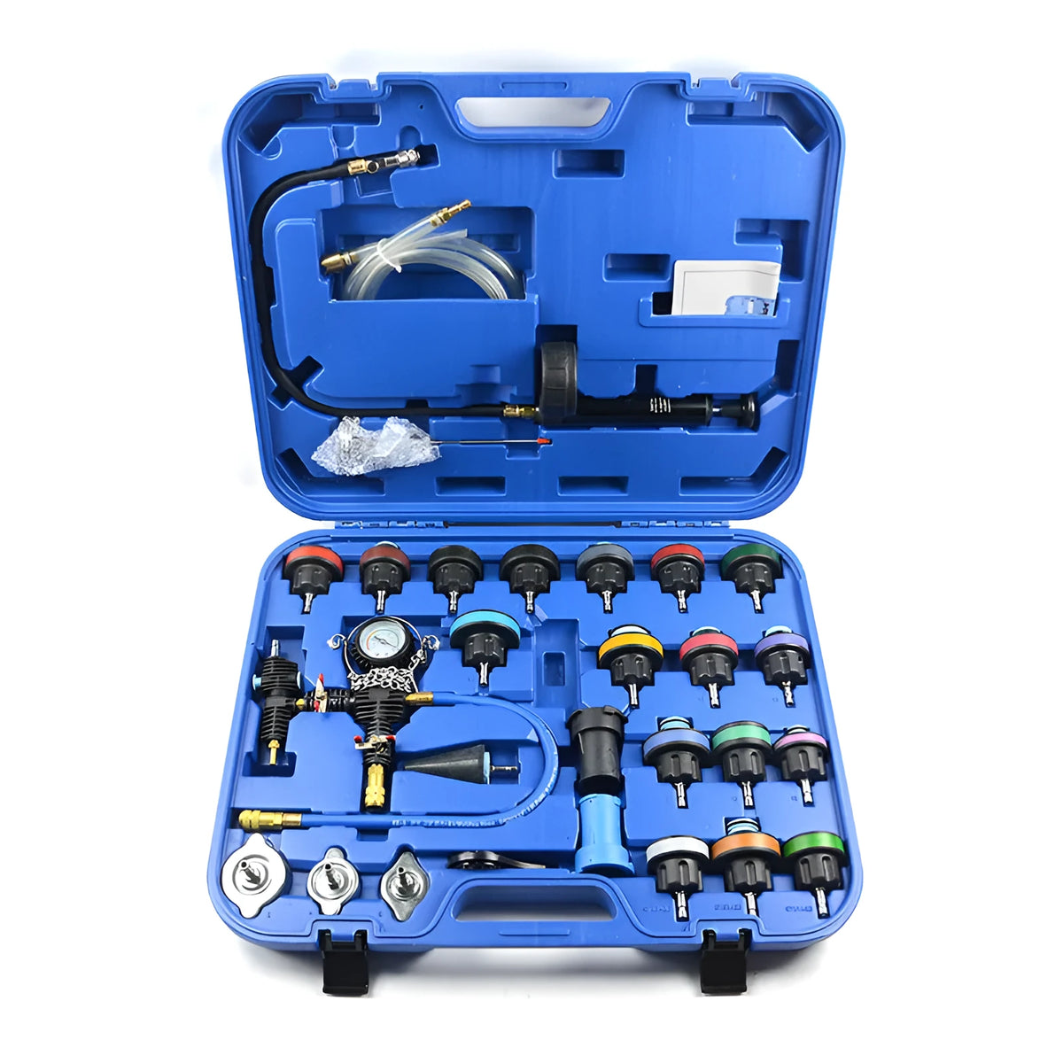 28-piece blue automotive cooling system tester kit with pressure testing and vacuum purge tools
