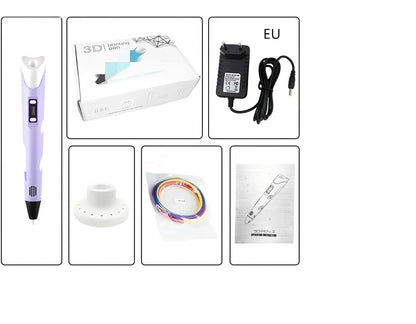 Yellow Children's 3D Printing Pen with USB, base, and 3m 3-colour consumables for three-dimensional drawing