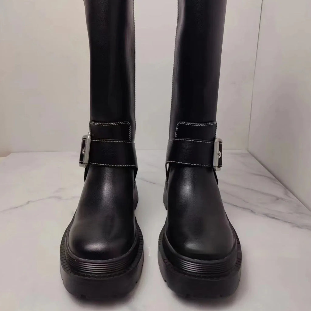 Women's brown retro height increasing platform boots with buckle decoration and non-slip rubber sole