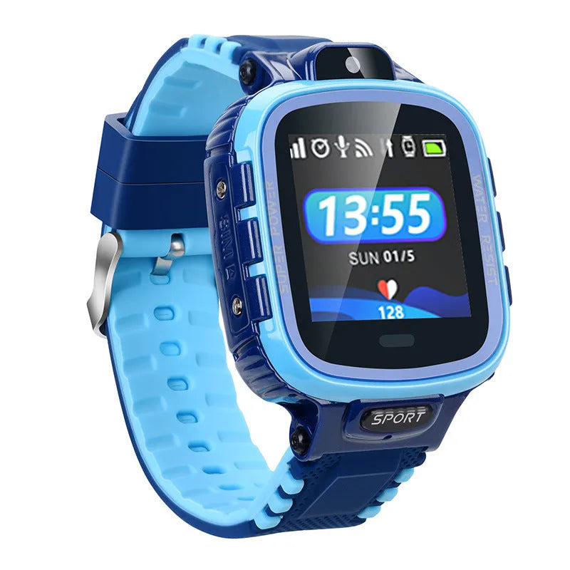 Children's GPS smart watch in pink with touch screen and camera on child's wrist