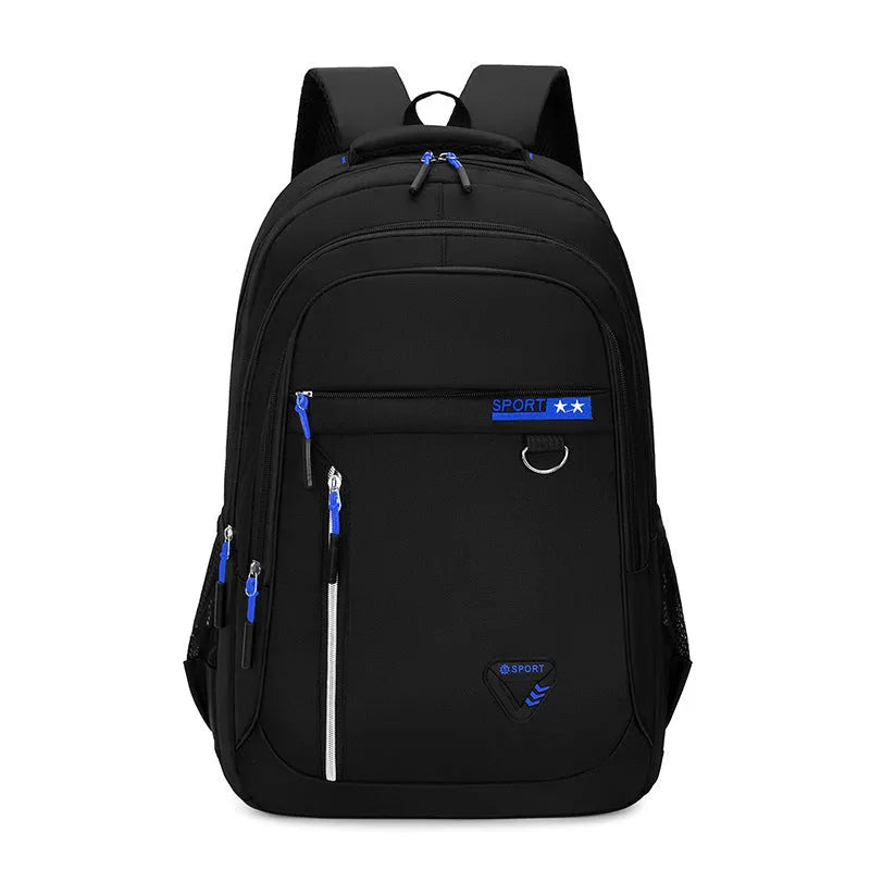 Men's Oxford cloth schoolbag with letter pattern design showing air pillow belt burden reduction system