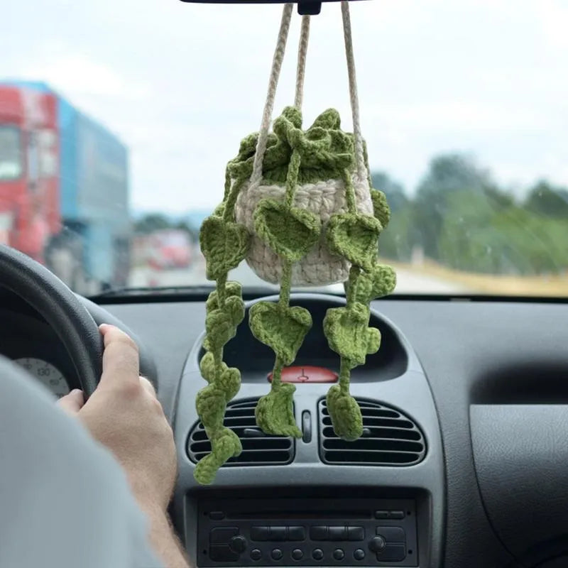 Green and white knitted wool car dashboard plant ornament with hanging rope