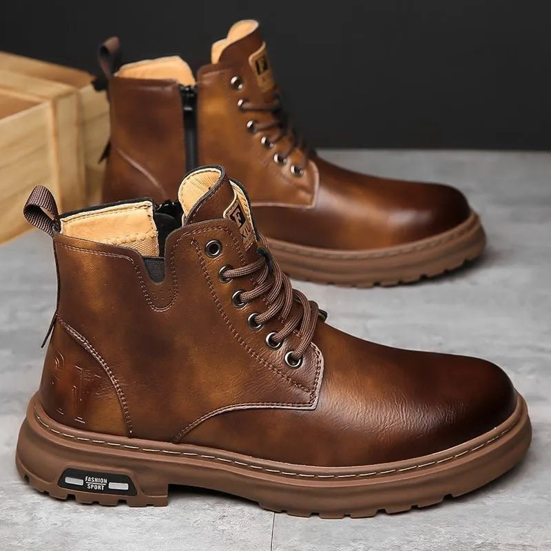 Men's black lace-up Martin boot with thick rubber sole and round toe on a neutral background.