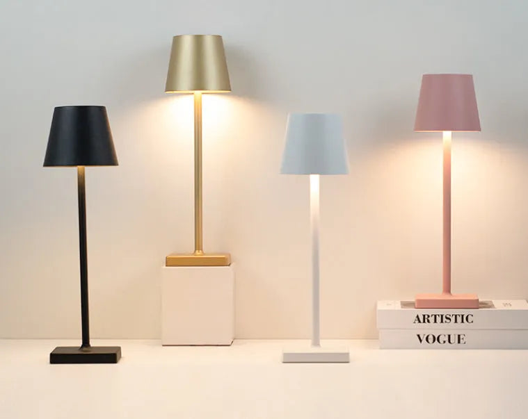 Aluminium LED charging table lamp with touch dimming and USB rechargeable base, available in multiple colours