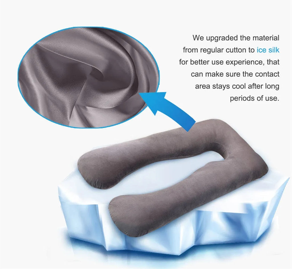 U-shaped ice silk pregnancy pillow in green colour showing 130x70cm dimensions