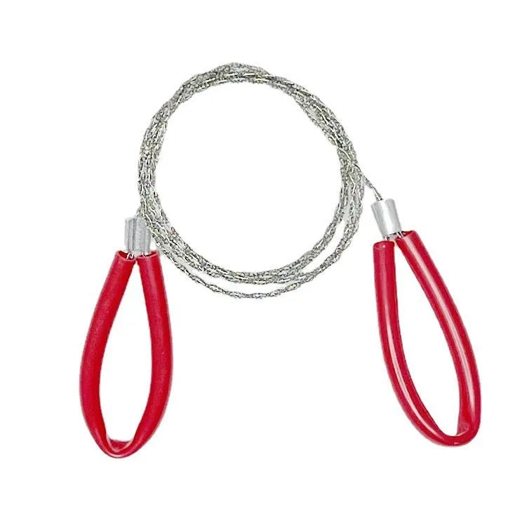Outdoor survival wire saw with a stainless steel wire coil presented next to a small black leather carry case.