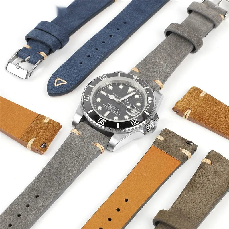 Genuine suède leather watch strap shown in brown, blue, grey, and Army Green colours for 20mm and 22mm watches.