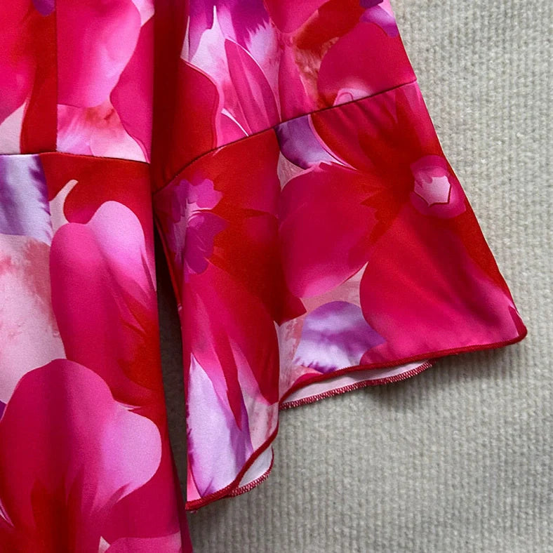 Red bell sleeve V-neck long pullover printed A-line skirt dress with A-line silhouette