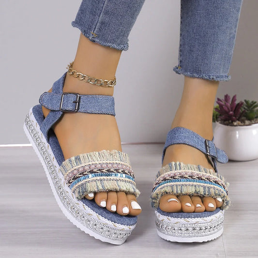 Women's denim tassel sandals with thick flat sole and hemp rope design
