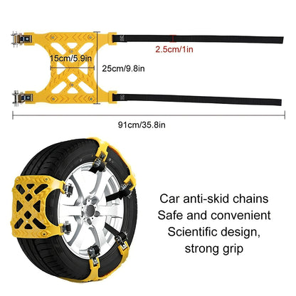 Yellow 3-piece snow tire chains with stainless steel nails for 165-265mm tyres on icy road