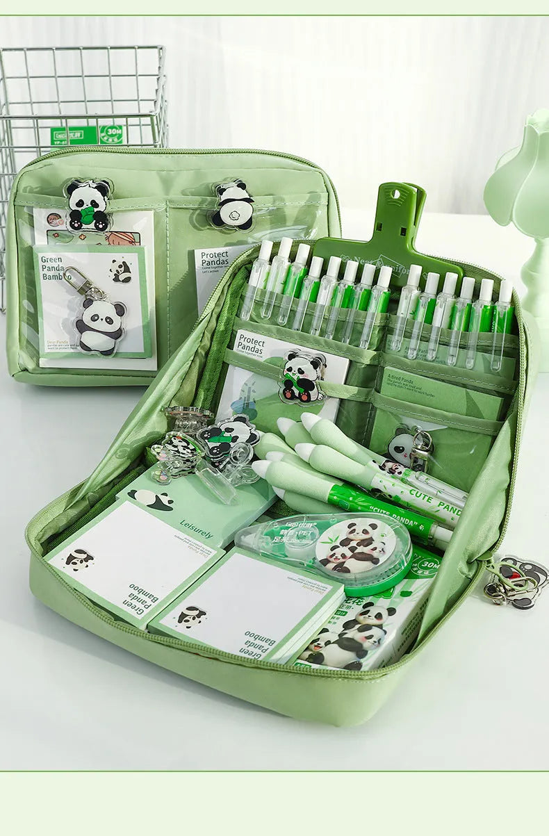 Green canvas 12-layer panda pencil case with zip closure, shown open to reveal compartments.