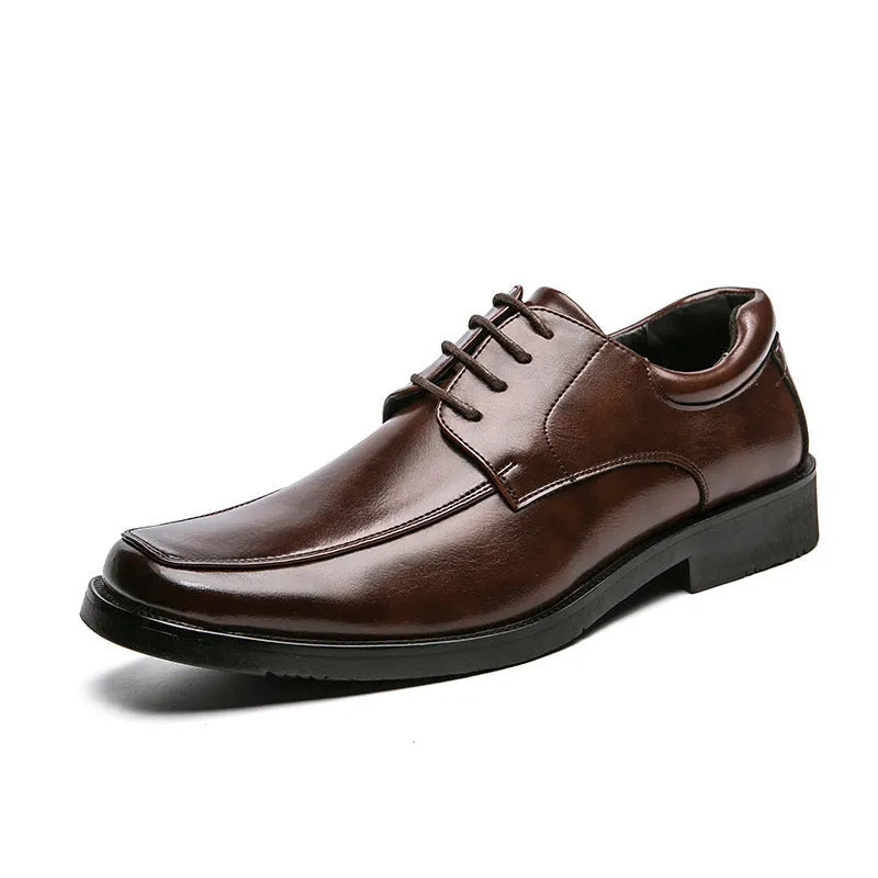 Men's black square toe business casual shoes with low-top artificial PU upper and rubber sole
