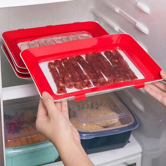 Reusable food storage trays with innovative buckle design to keep meat, fruit, and vegetables fresh in the Kiwi kitchen