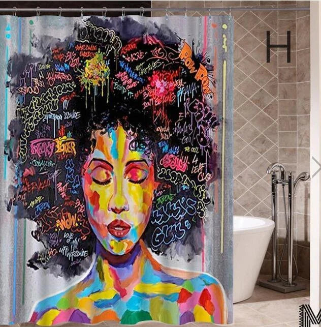 Colorful African girl portrait with graffiti art and modern buildings on a shower curtain