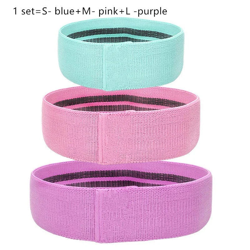 Latex mesh squat resistance band in lake blue, pink, and purple for hip and leg strengthening