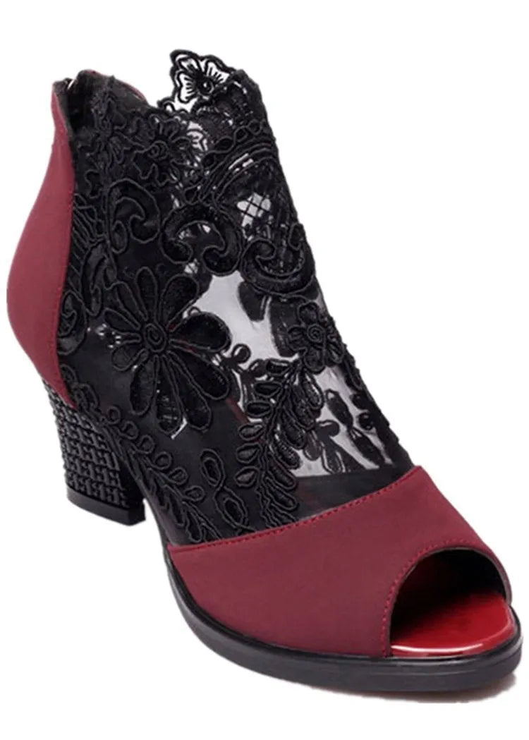 Women's black lace gladiator sandals with square high heel and zip closure side view