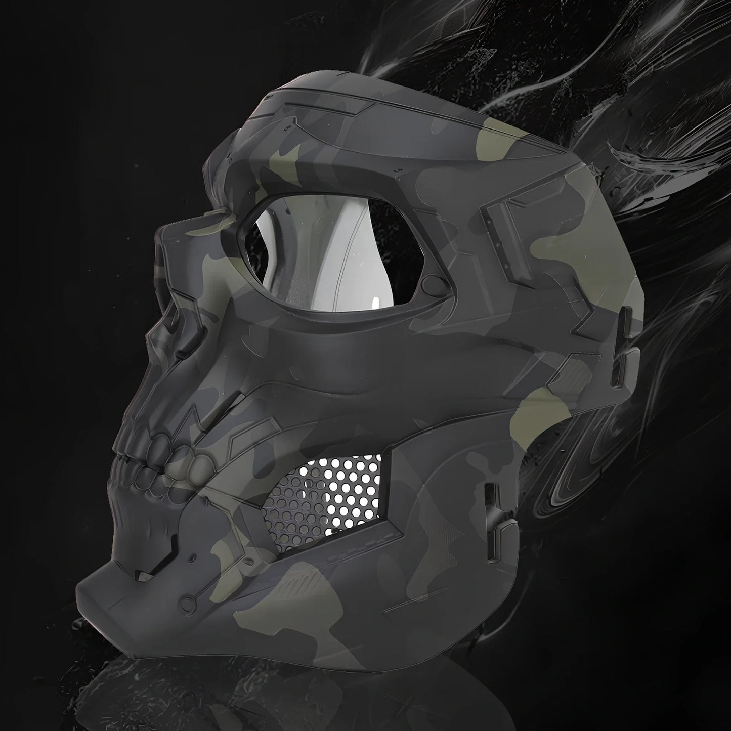 Black skull horror helmet mask 19x18cm with transparent PC goggles and adjustable bands for airsoft protection