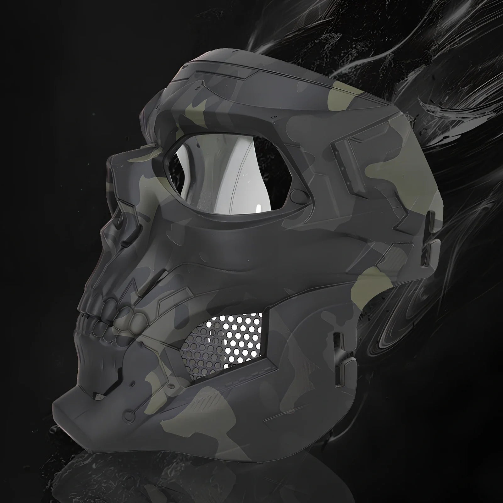 Black skull horror helmet mask 19x18cm with transparent PC goggles and adjustable bands for airsoft protection