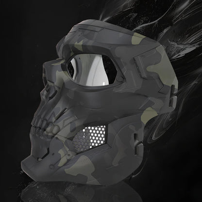 Black skull horror helmet mask 19x18cm with transparent PC goggles and adjustable bands for airsoft protection