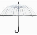 Transparent 16-rib umbrella with long black handle, showing black steel skeleton structure