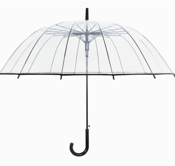 Transparent 16-rib umbrella with long black handle, showing black steel skeleton structure