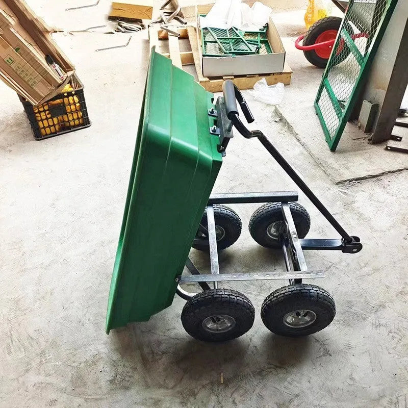 Green four-wheel plastic dump truck with steel frame and tipping bed