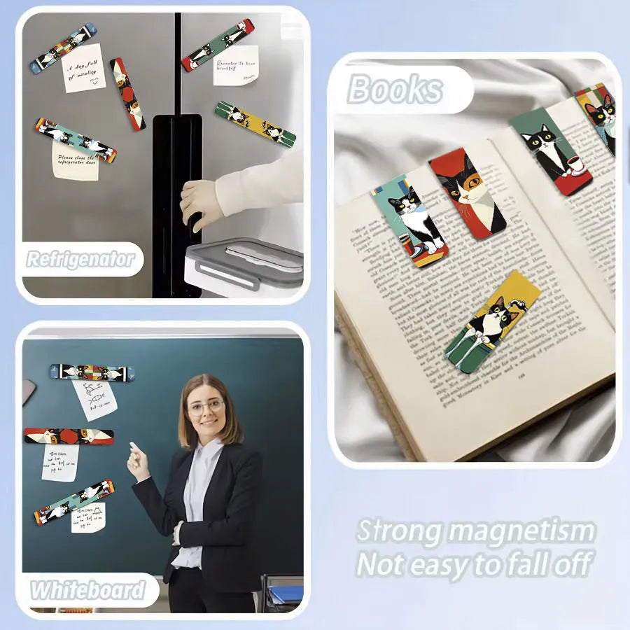 Set of 5 magnetic bookmarks with cute cat design, handmade, assorted colours